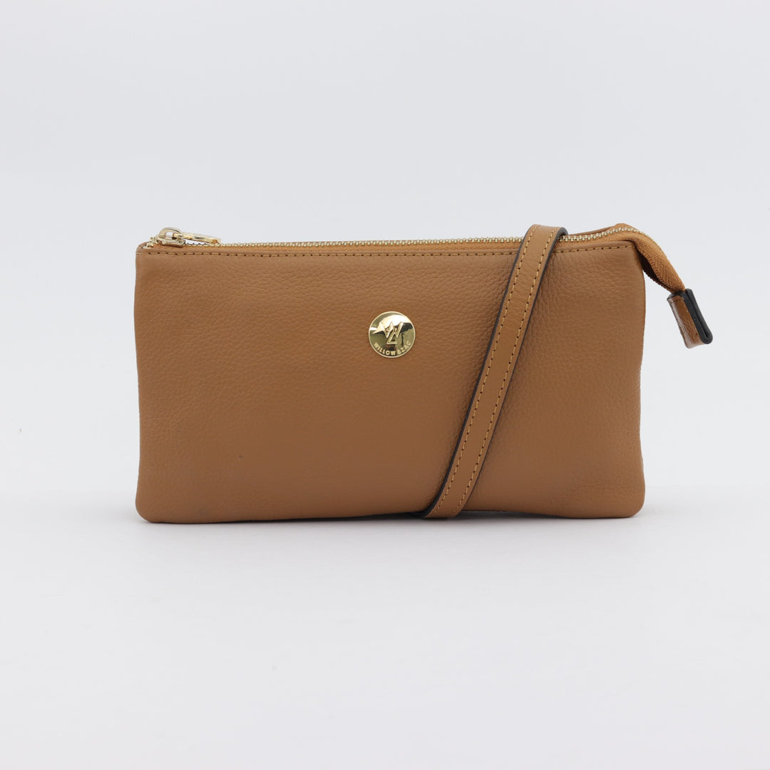 tan caramel coloured leather handbag wallet with long cross body strap#colour_caramel
