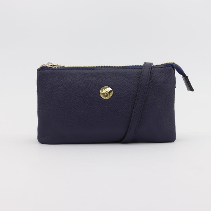 evie 5 pocket clutch in navy pebbled leather with gold hardware and cross body strap#colour_navy