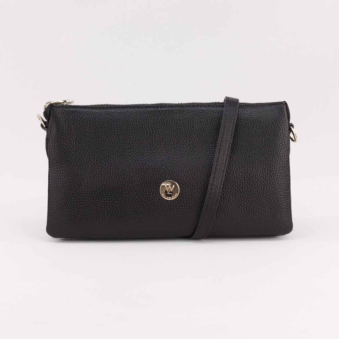 Black pebbled leather small sized handbag with long leather strap and gold hardware#colour_black