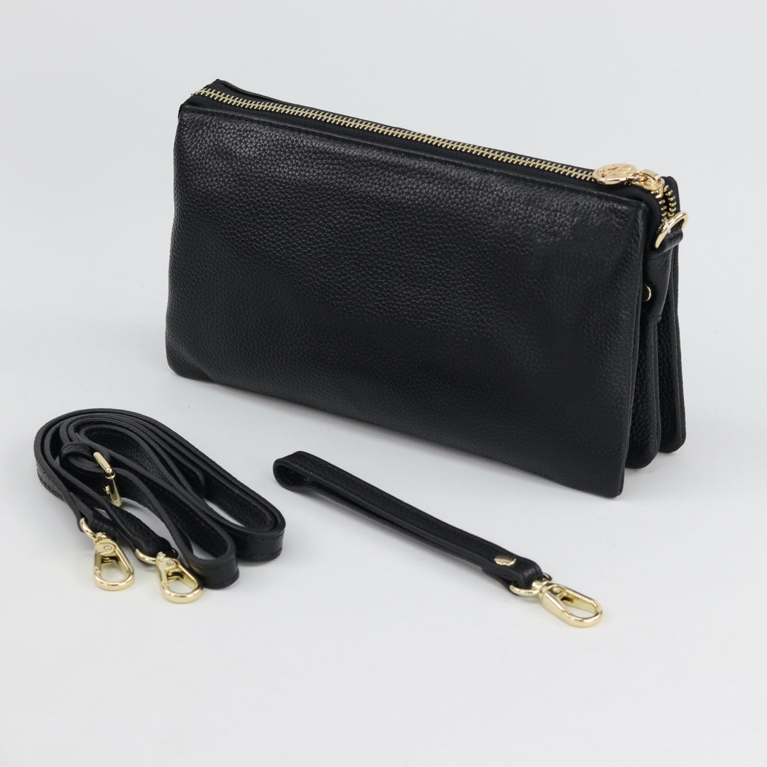 back and side view of gracie black leather clutch crossbody handbag showing included strap options#colour_black