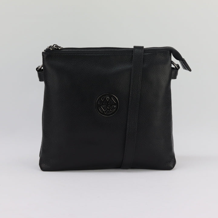 jacqui square shaped two compartment black handbag with long leather strap and gunmetal hardware#colour_black-black-hardware