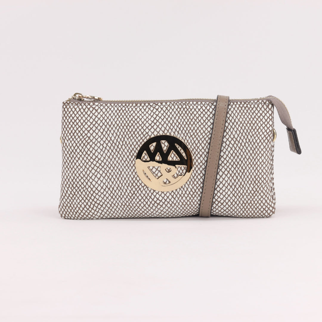 Neutral white and brown patterned suede clutch with large gold logo and long leather strap#colour_white-fog