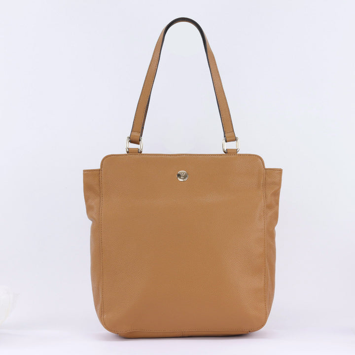caramel tan coloured pebbled leather large tote with double handles and gold hardware