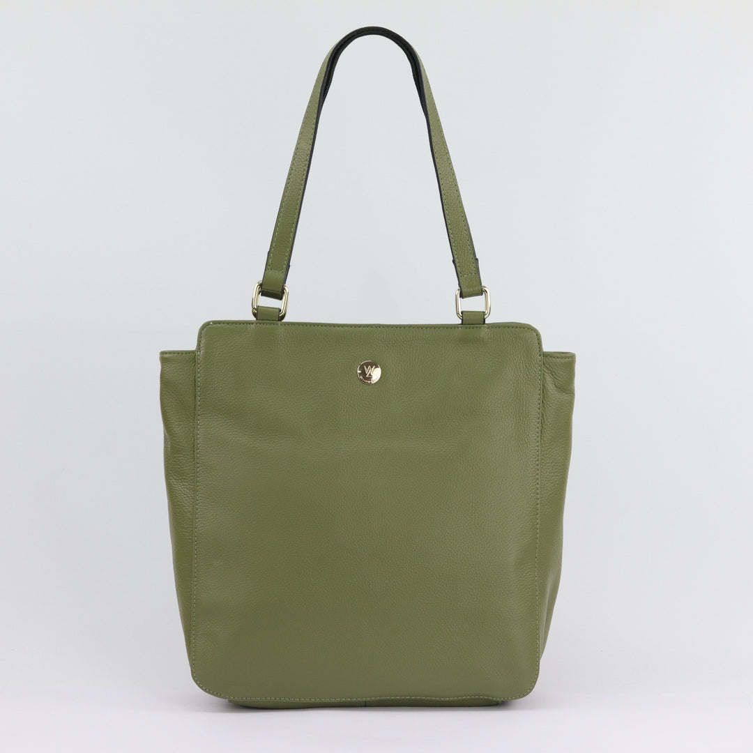 olive green pebbled leather portrait tote with gold button logo and double handles