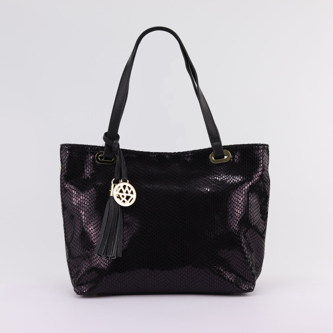 Kiera printed suede tote in patent black print with gold  hardware and black tassel#colour_jet
