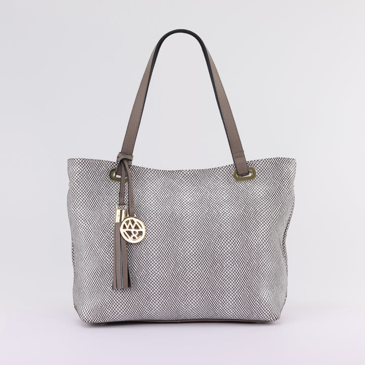 kiera tote handbag in white fog patterned printed suede with leather handles and tassel with gold logo charm#colour_white-fog