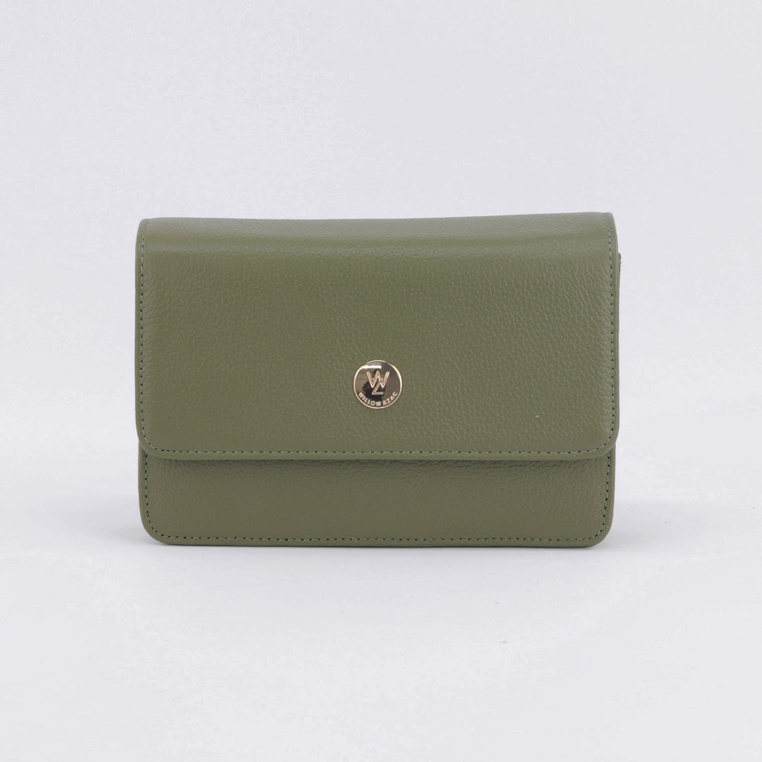 lily small box clutch or crossbody in olive khaki green pebbled leather with button logo in gold#colour_olive