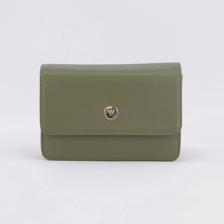 lily small box clutch or crossbody in olive khaki green pebbled leather with button logo in gold#colour_olive