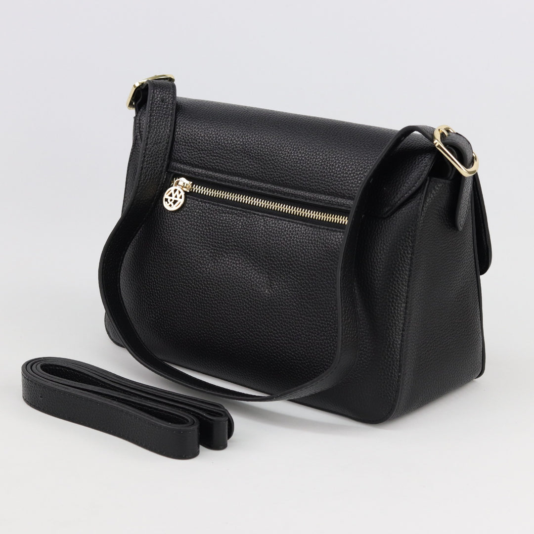 back and side view of louise leather bag showing included short and long strap and rear zip#colour_black