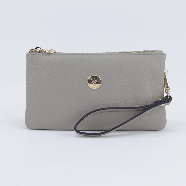 ash grey coloured pebbled leather wallet or pouch purse with attached wrist strap and gold hardware#colour_ash