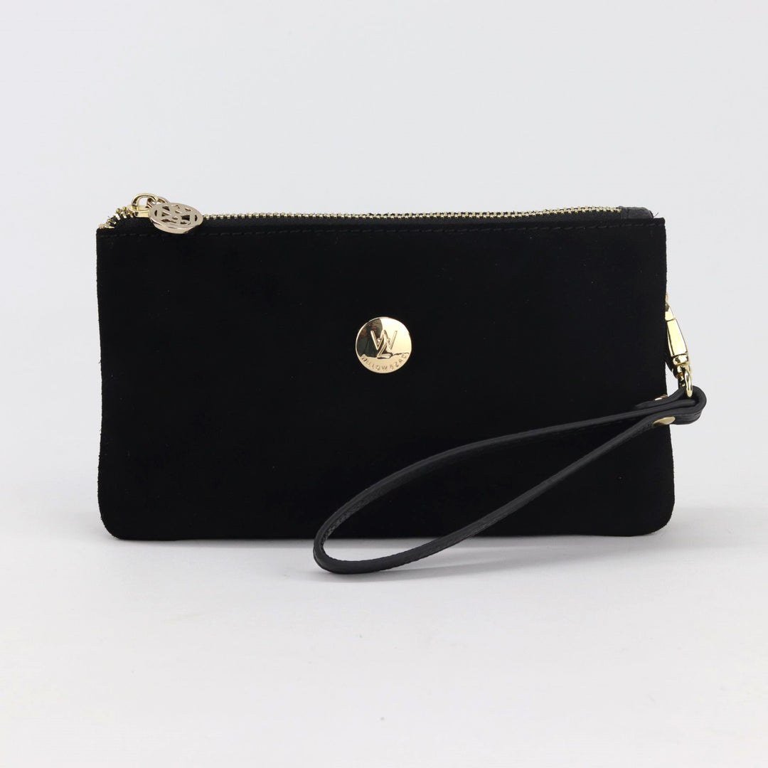 black suede polly with small gold button logo and removable black leather wrist strap #colour_black-suede