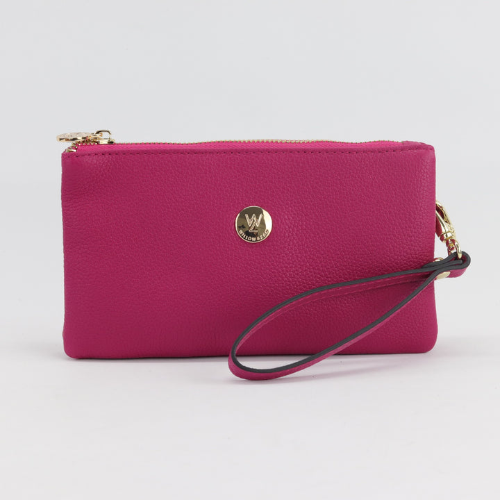 bright pink fuchsia pebbled leather wallet or clutch with gold zip and button logo #colour_fuchsia