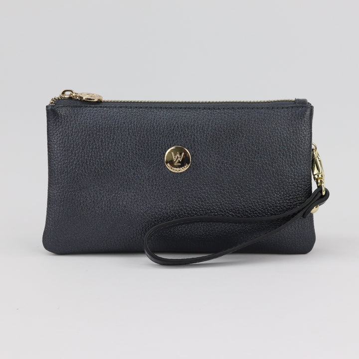 small wallet clutch in shimmery dark navy leather with gold hardware and zip#colour_raven