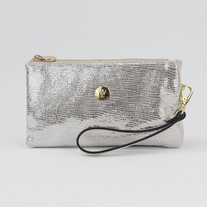 shiny metallic silver wrist clutch purse with gold details and zip closure#colour_silver-lattice