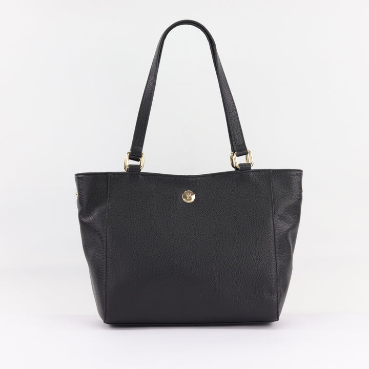 black pebbled leather double handle tote handbag with gold button logo on white background#colour_black-leather