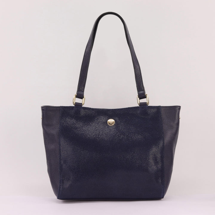navy coloured  leather and suede tote bag with gold hardware and double handles#colour_navy-cosmos