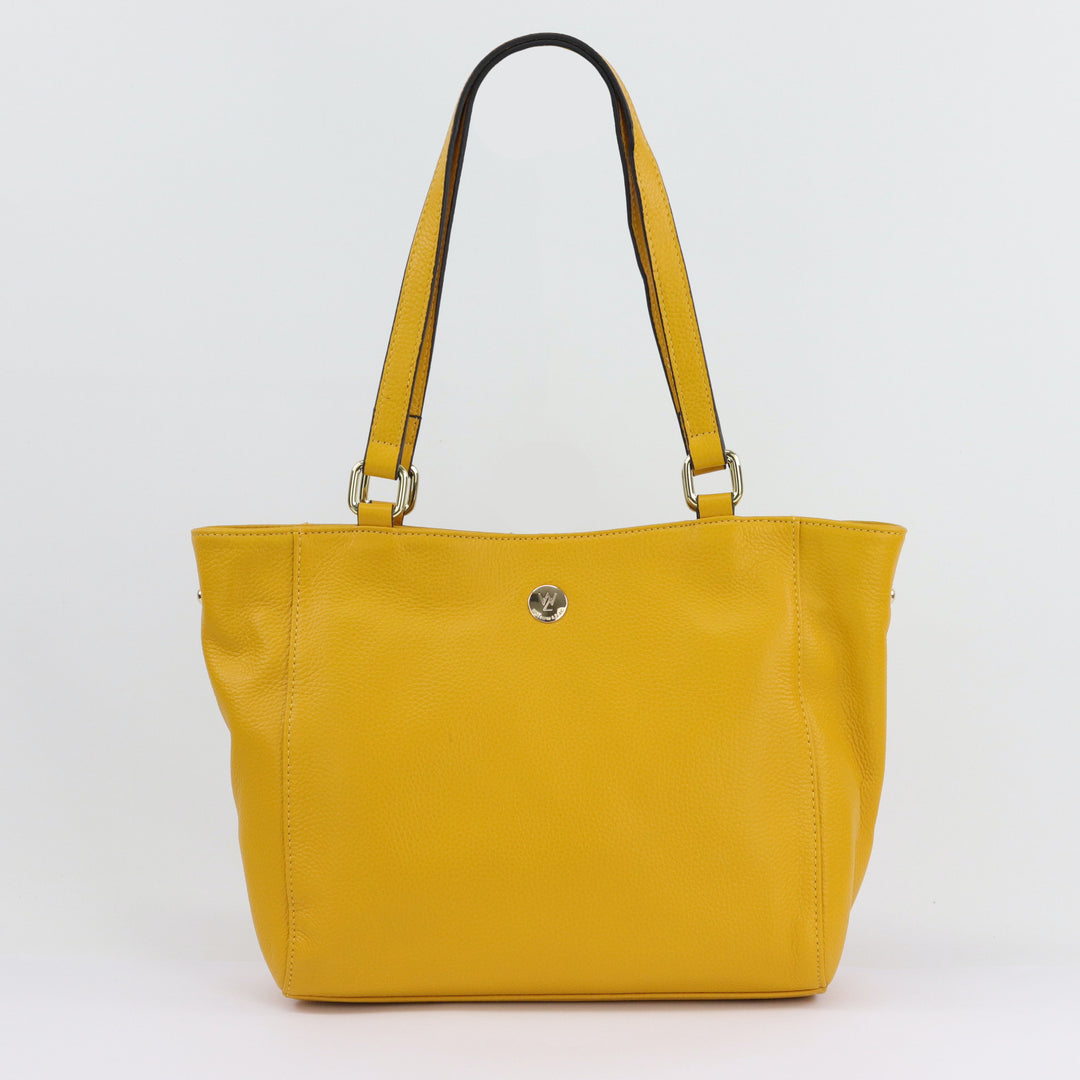 bright saffron yellow pebbled leather reanna tote with quality gold hardware and double handles#colour_saffron-leather