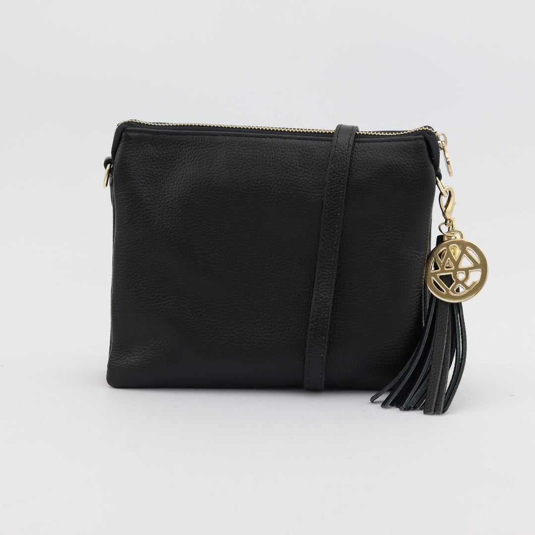 black leather square bag with optional tassel with logo charm#colour_black