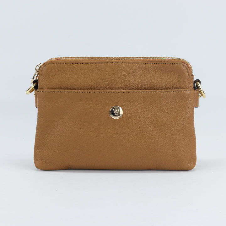 caramel tan coloured compact handbag from Australian small business with quality gold hardware #colour_caramel