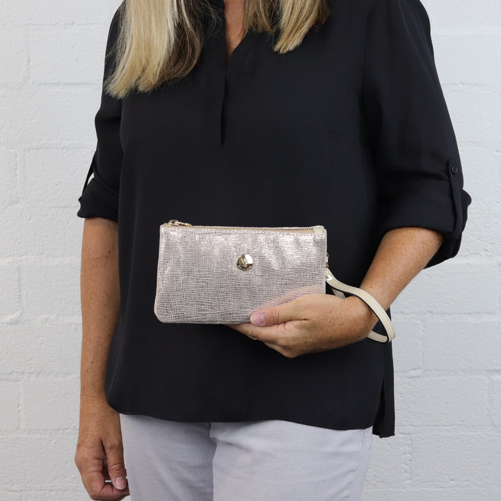 Willow & Zac Polly suede leather wristlet clutch gold lattice #colour_gold-lattice