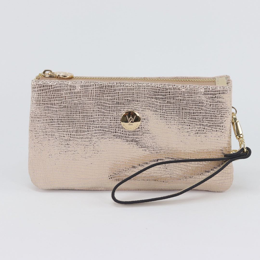 Willow & Zac Polly suede leather wristlet clutch gold lattice #colour_gold-lattice