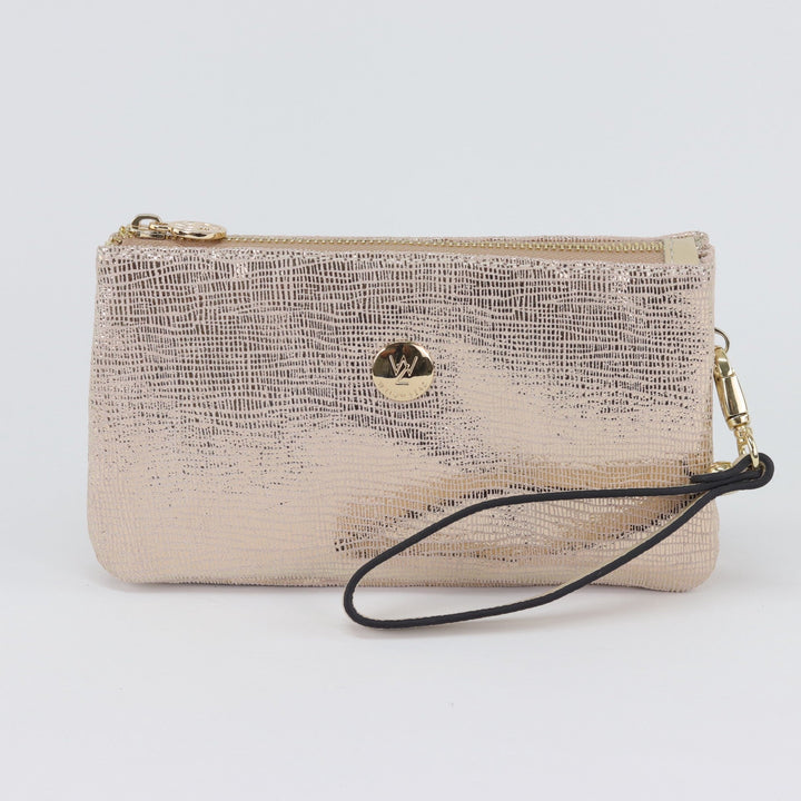 Willow & Zac Polly suede leather wristlet clutch gold lattice #colour_gold-lattice