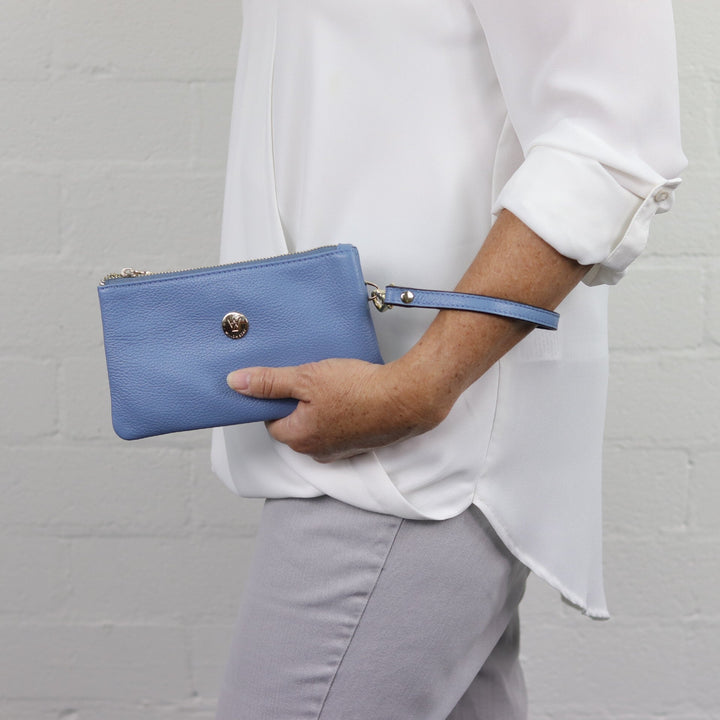 Willow & Zac Polly leather wristlet clutch serene blue #colour_serene-blue